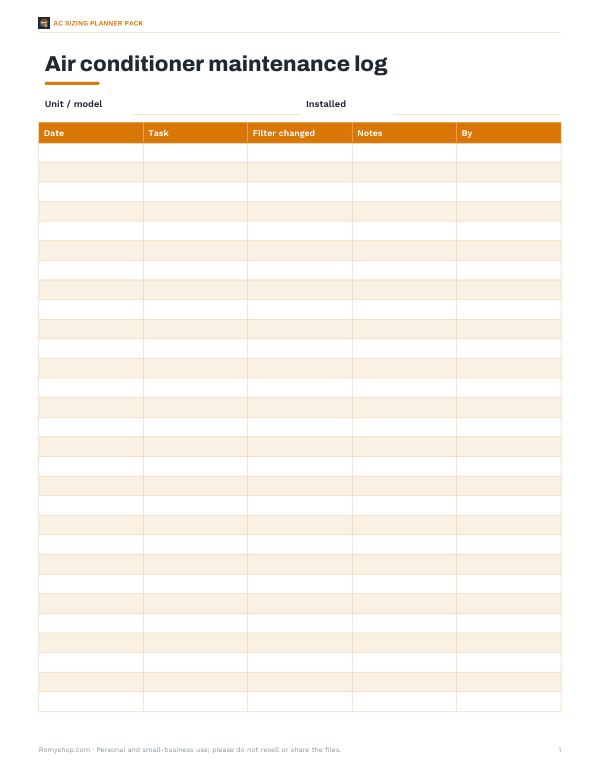 Preview of Printable AC Maintenance Log
